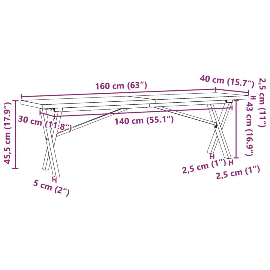 Table basse cadre en X 160x40x45,5 cm bois de pin massif acier - 10