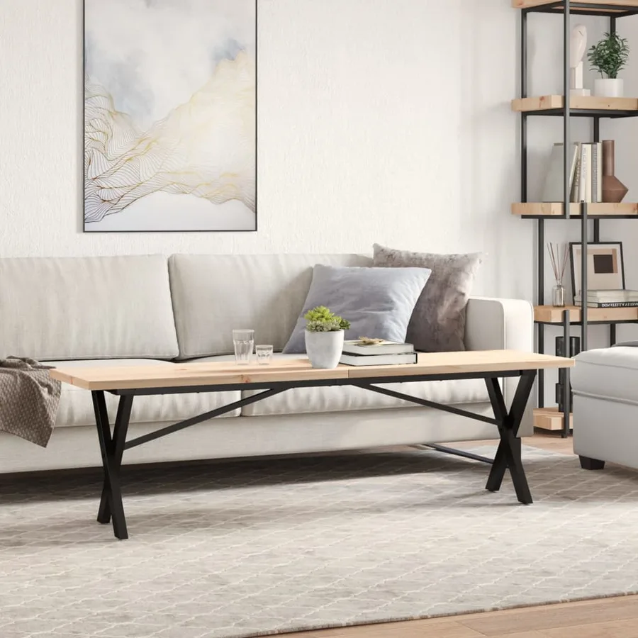 Table basse cadre en X 160x40x45,5 cm bois de pin massif acier - 3