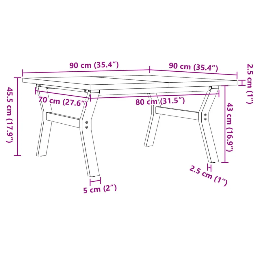 Table basse cadre en Y 90x90x45,5cm bois de pin massif et acier - 10
