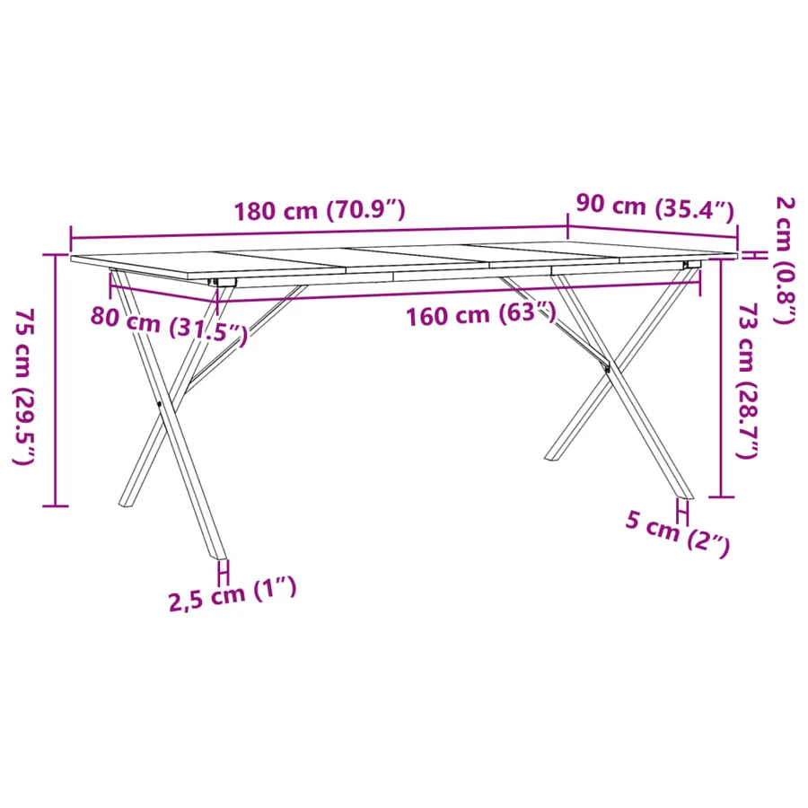 Table à manger cadre en X 180x90x75 cm bois de pin massif acier - 10