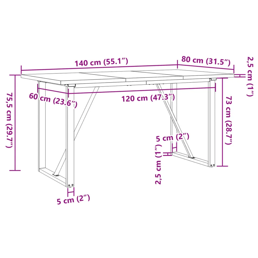 Table à manger cadre en O 140x80x75,5 cm bois pin massif acier - 10