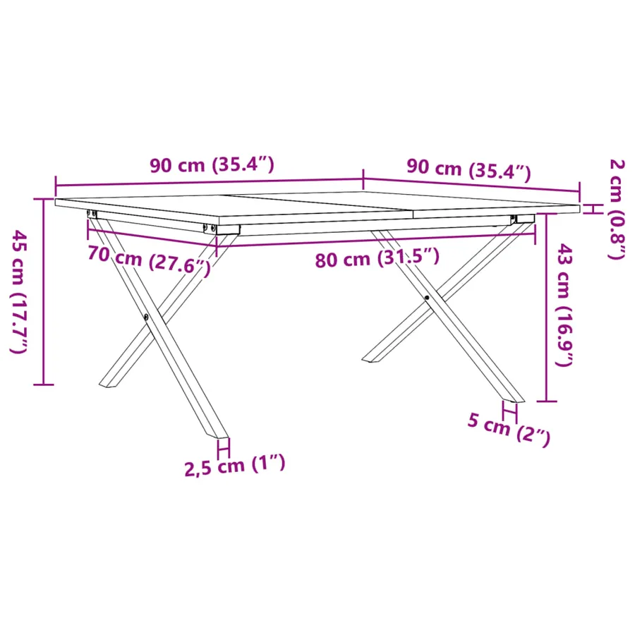 Table basse cadre en X 90x90x45 cm bois de pin massif et acier - 10
