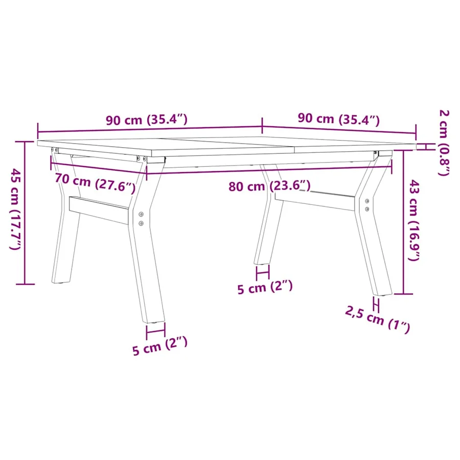 Table basse cadre en Y 90x90x45 cm bois de pin massif et acier - 10