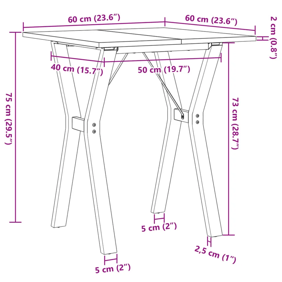 Table à manger cadre en Y 60x60x75 cm bois de pin massif acier - 10