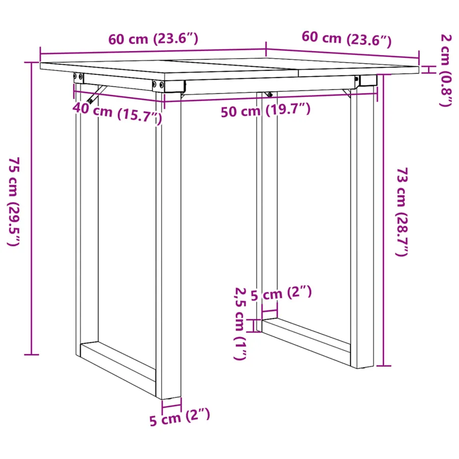 Table à manger cadre en O 60x60x75 cm bois de pin massif acier - 10