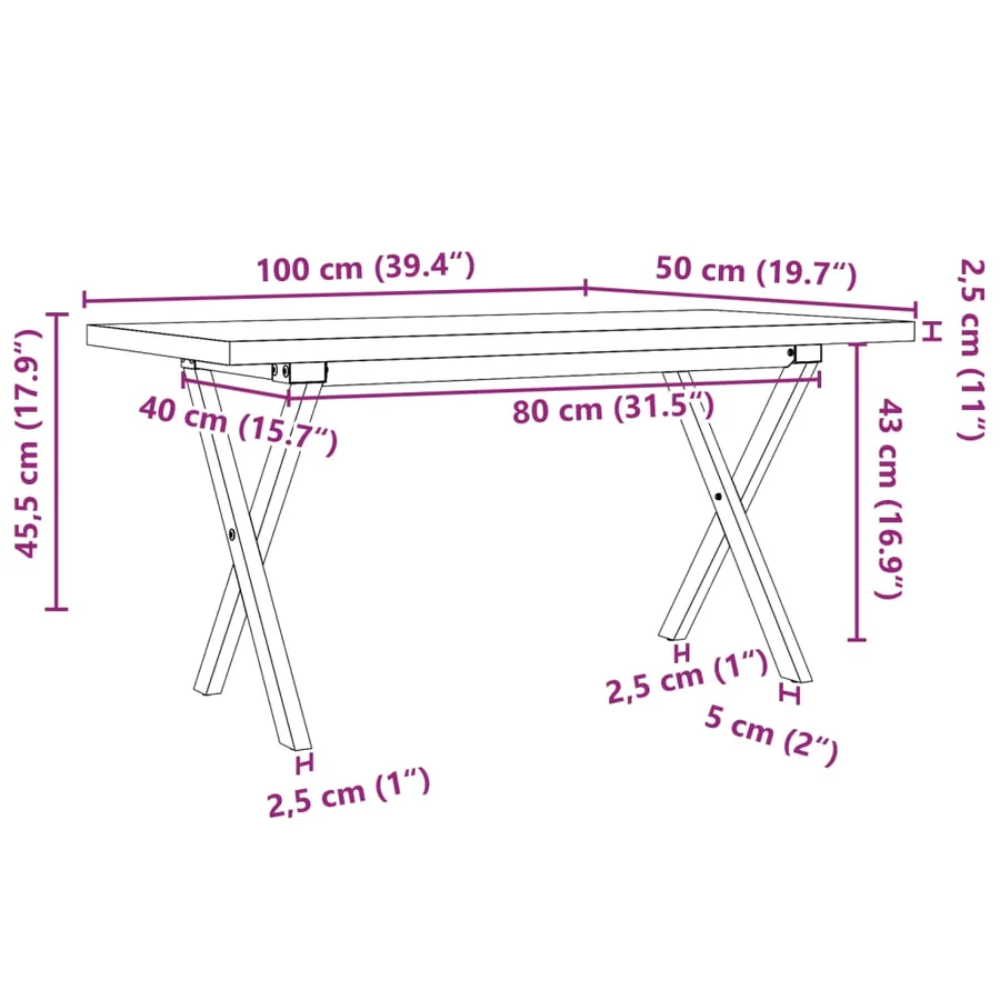 Table basse cadre en X 100x50x45,5 cm bois de pin massif acier - 10