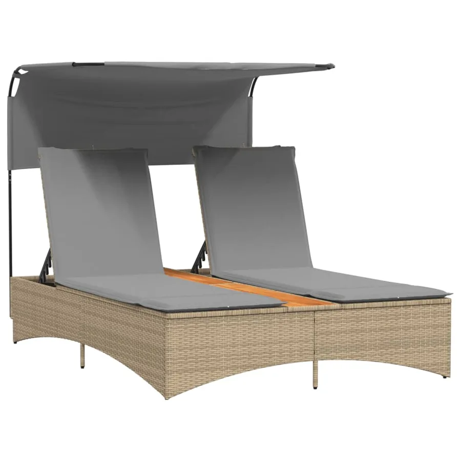 Chaise longue double et auvent et coussins mélange beige rotin - 2