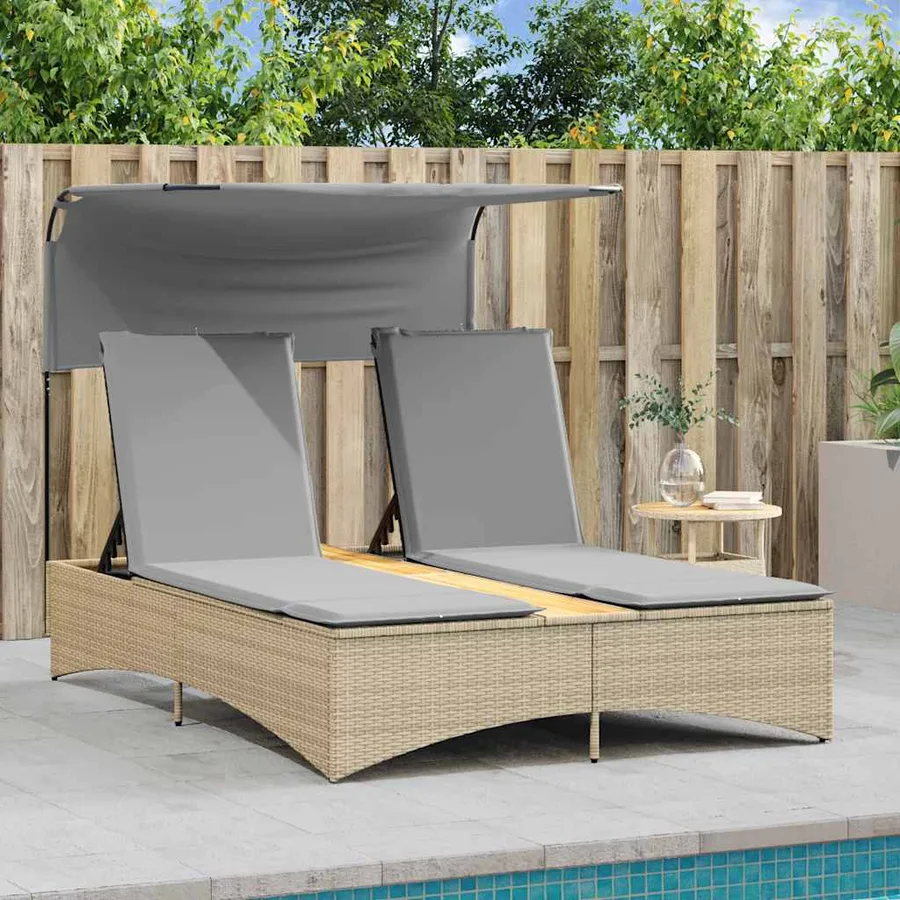 Chaise longue double et auvent et coussins mélange beige rotin - 3