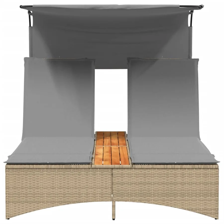 Chaise longue double et auvent et coussins mélange beige rotin - 5
