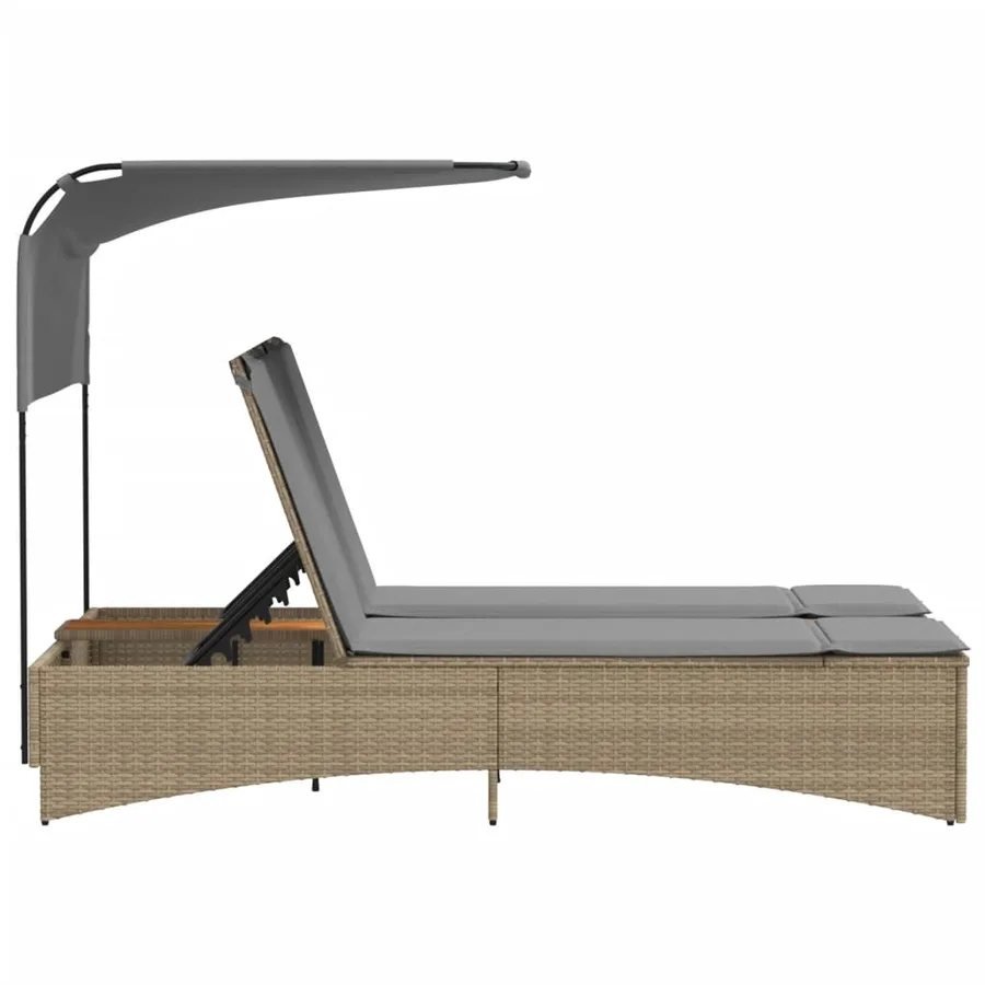 Chaise longue double et auvent et coussins mélange beige rotin - 6