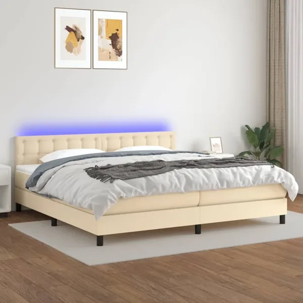 Sommier à lattes de lit et matelas et LED Crème 200x200cm Tissu