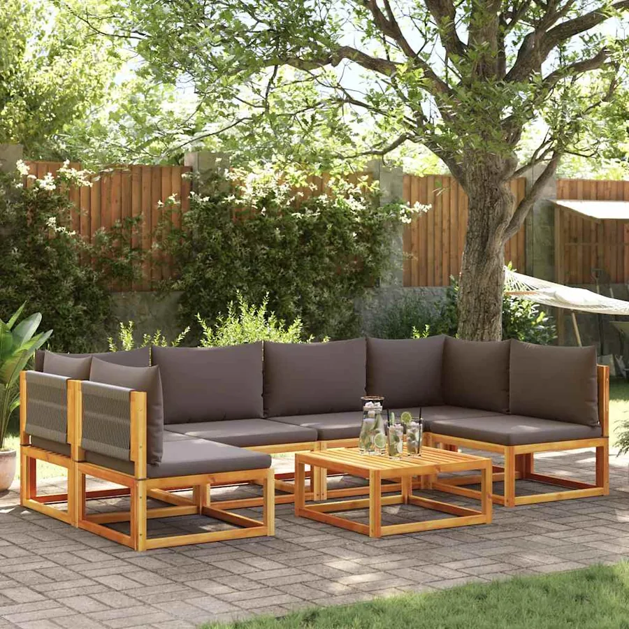 Ensemble de canapés de jardin 7 pièces avec coussins, bois d'acacia et corde,