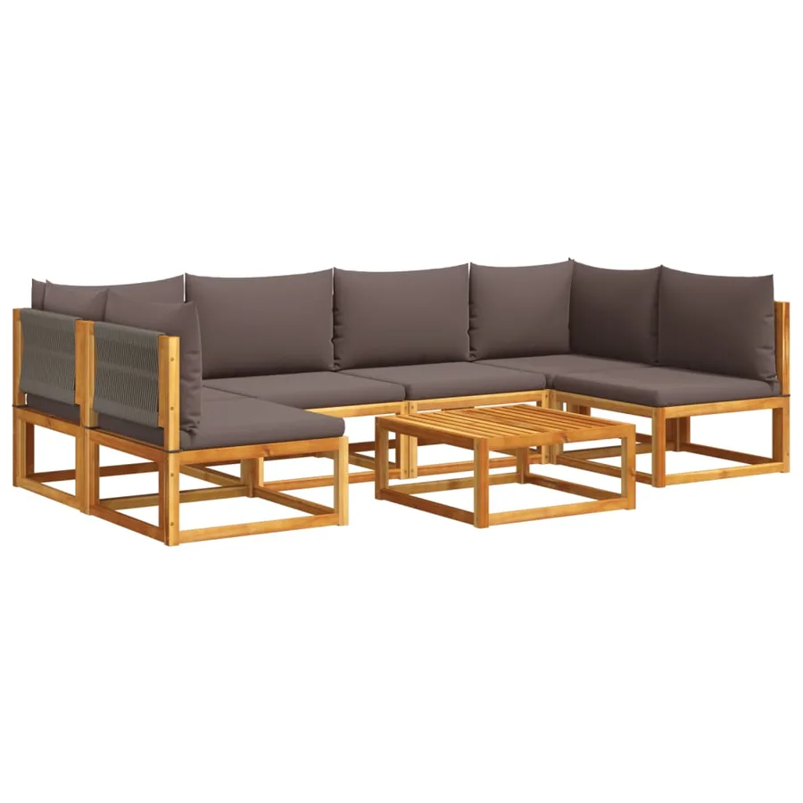 Ensemble de canapés de jardin 7 pièces avec coussins, bois d'acacia et corde, - 2