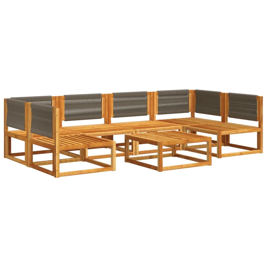 Ensemble de canapés de jardin 7 pièces avec coussins, bois d'acacia et corde, - 3