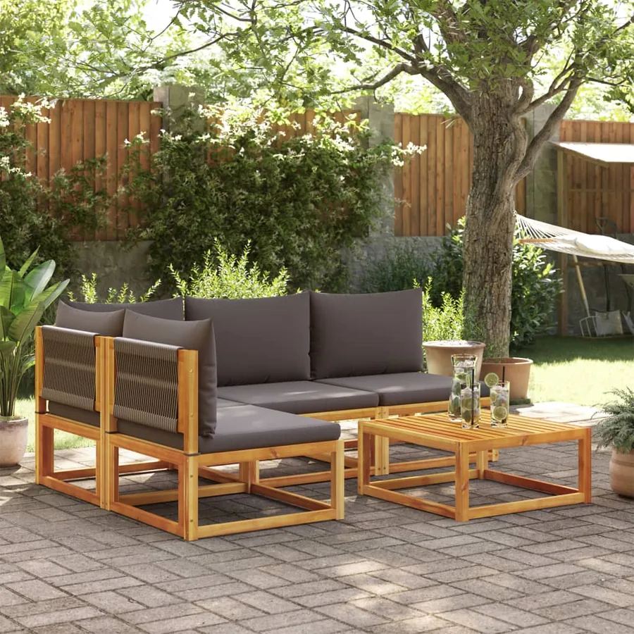 Ensemble de canapés de jardin 5 pièces avec coussins en bois d'acacia et corde