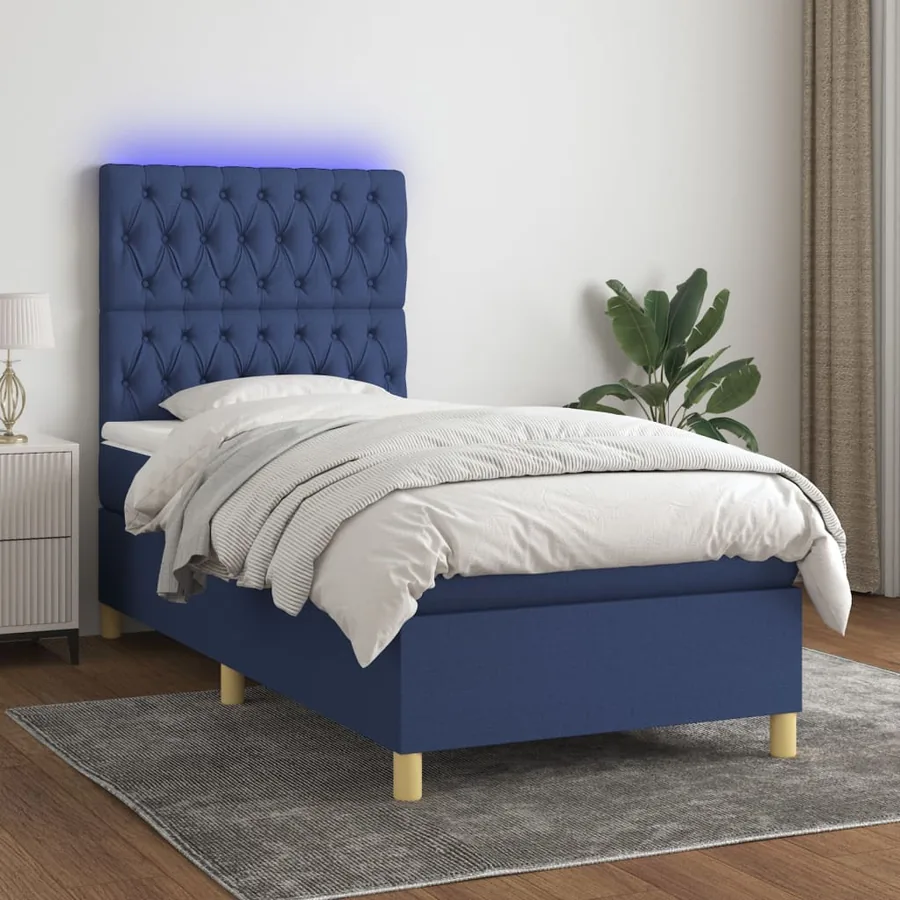 Sommier à lattes de lit et matelas et LED Bleu 80x200cm Tissu