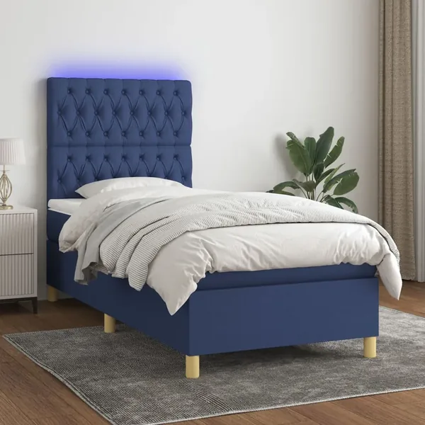 Sommier à lattes de lit et matelas et LED Bleu 80x200cm Tissu