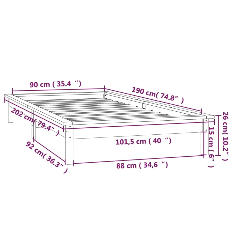 Cadre de lit à LED sans matelas noir 90x190 cm bois massif - 13