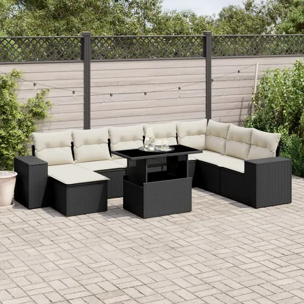 Salon de jardin 9 pcs avec coussins noir résine tressée