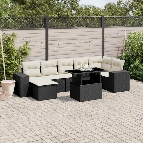 Salon de jardin 8 pcs avec coussins noir résine tressée