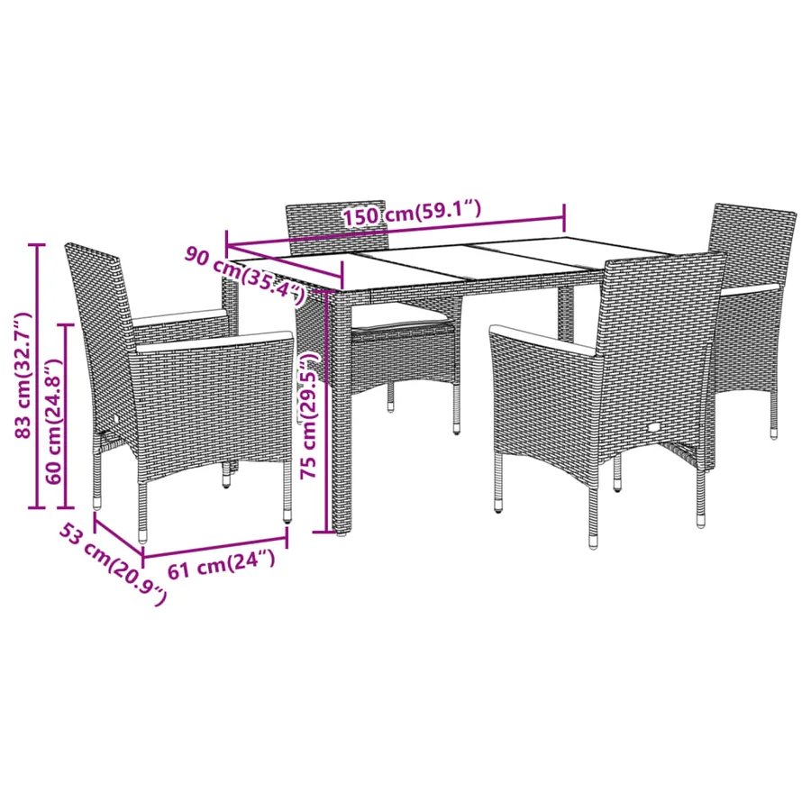Ensemble à manger de jardin et coussins 5pcs beige rotin acacia - 7