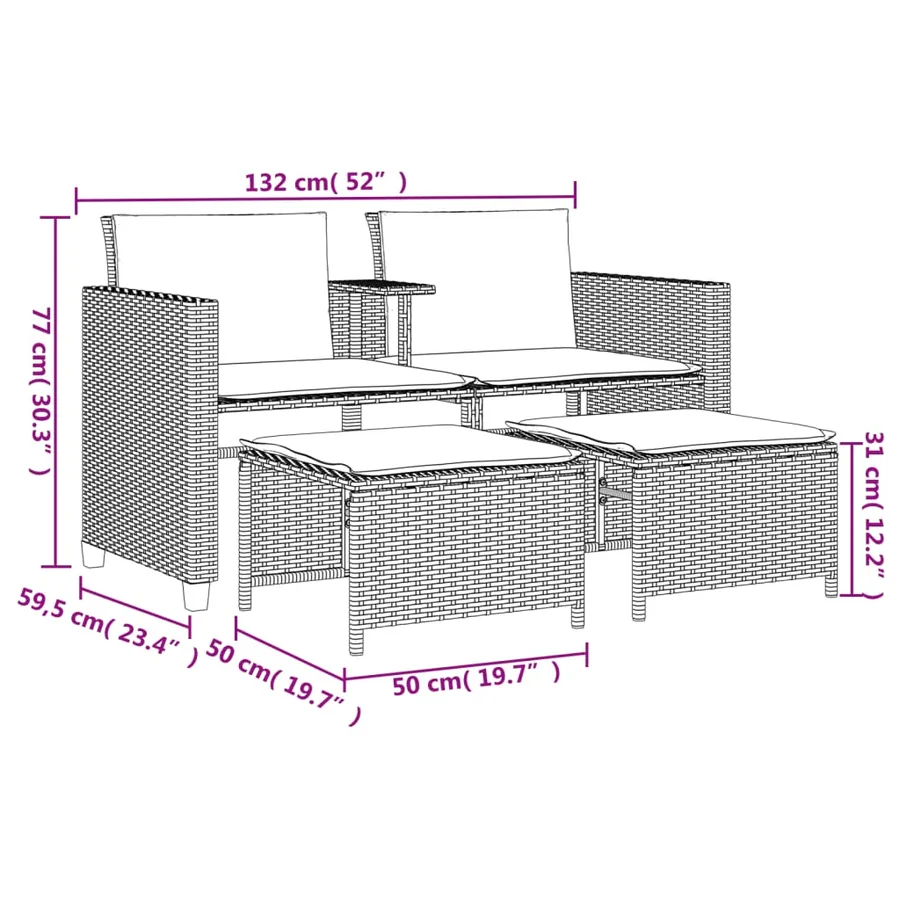 Canapé de jardin 2 places avec table et tabourets gris rotin - 11