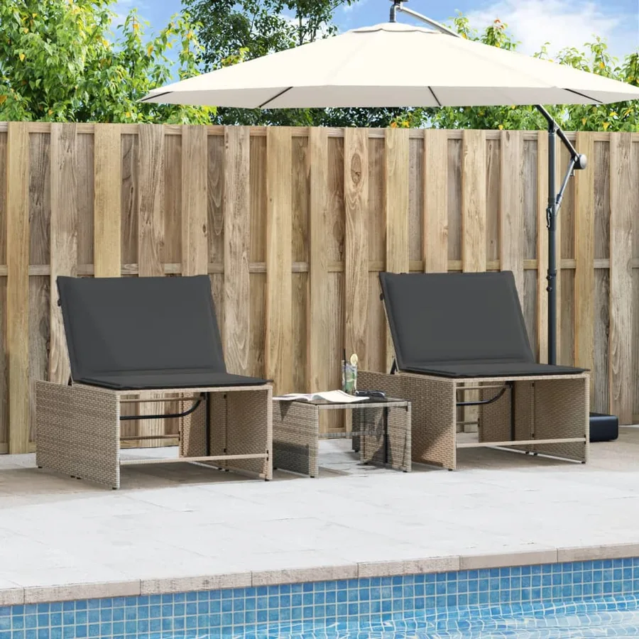 Chaises longues 2 pièces avec table en résine tressée grise - 4