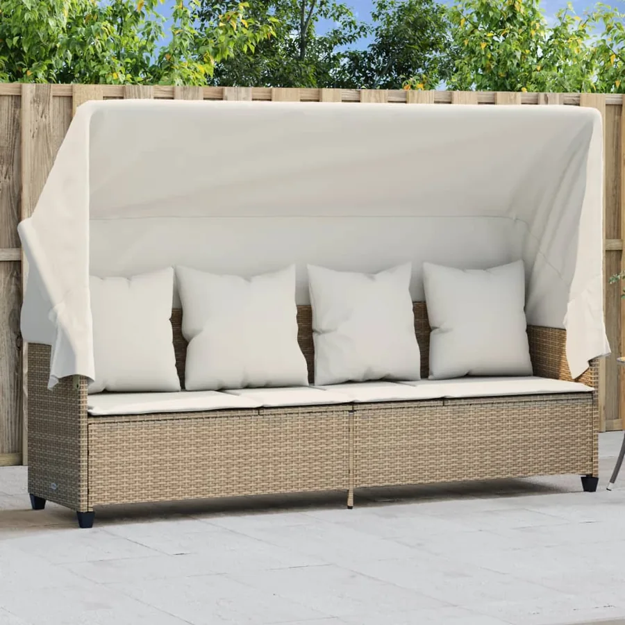 Chaise longue avec auvent et coussins beige résine tressée