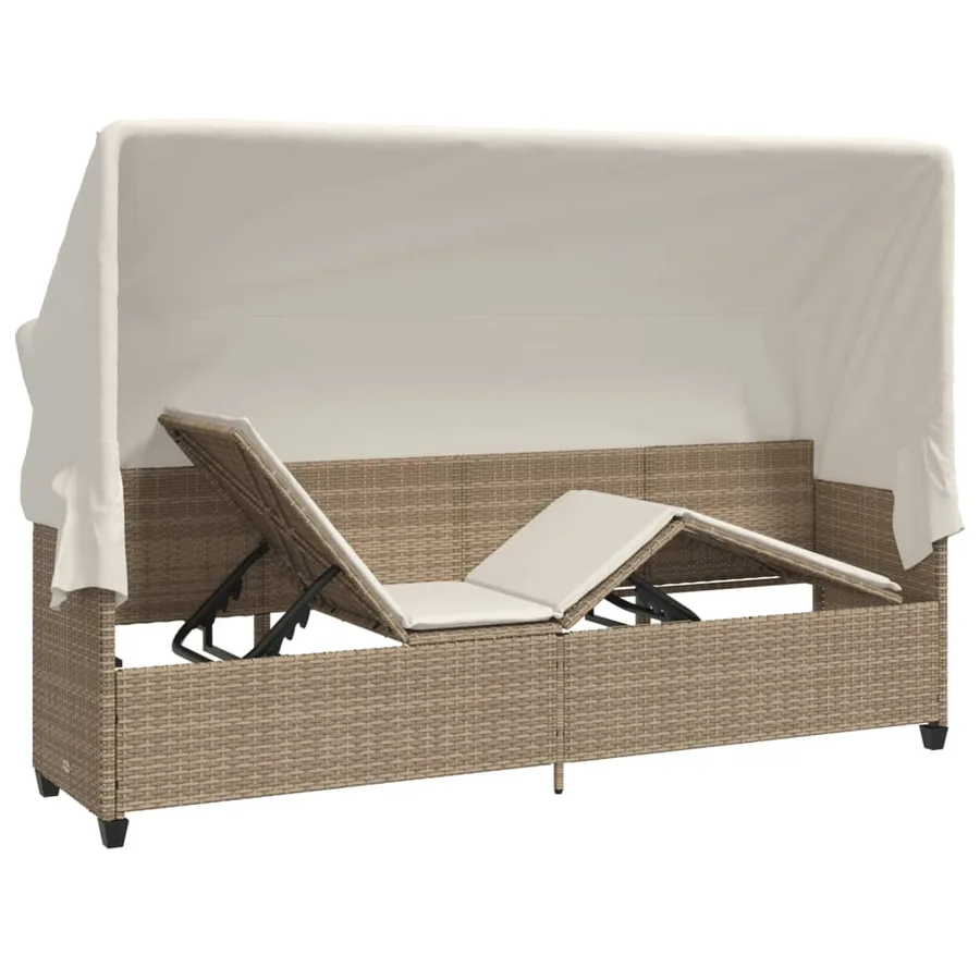 Chaise longue avec auvent et coussins beige résine tressée - 5