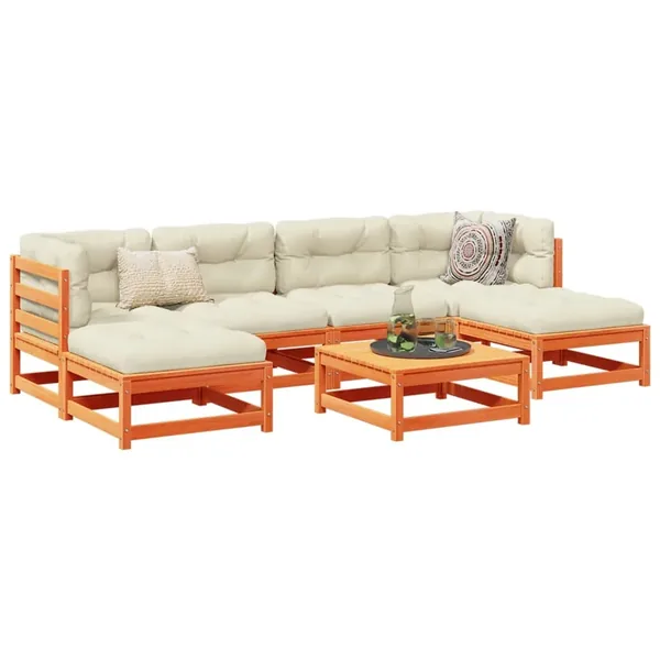 Salon de jardin 7 pcs avec coussins cire marron bois pin massif