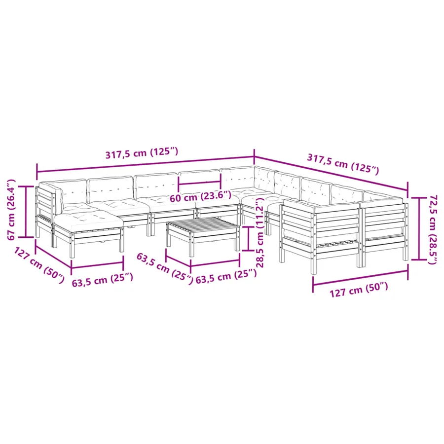 Salon de jardin 12pcs avec coussins cire marron bois pin massif - 14