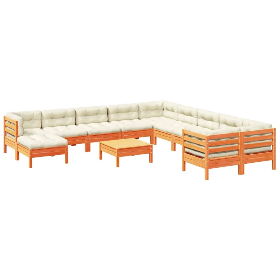 Salon de jardin 12pcs avec coussins cire marron bois pin massif - 2