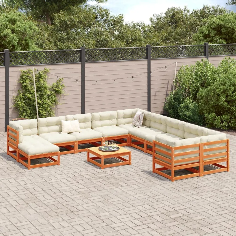 Salon de jardin 12pcs avec coussins cire marron bois pin massif - 3