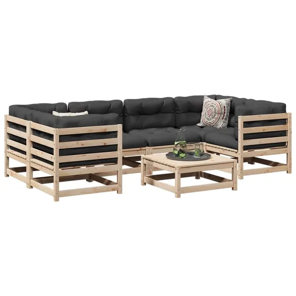 Salon de jardin 7 pcs avec coussins bois de pin massif
