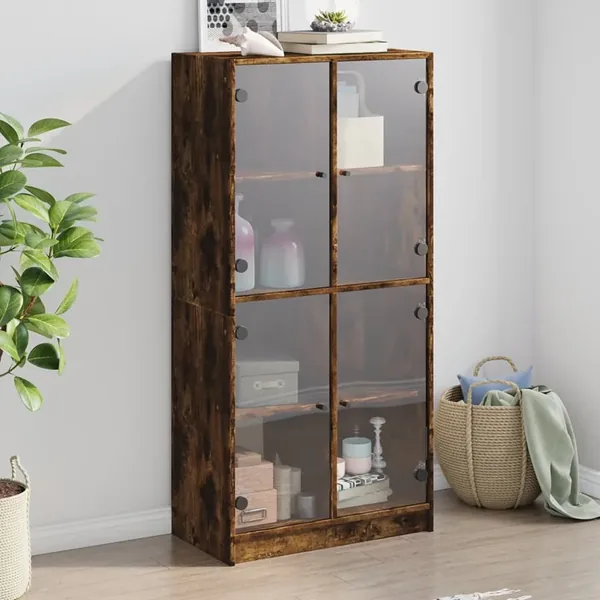 Buffet haut avec portes chêne fumé 68x37x142 cm bois ingénierie