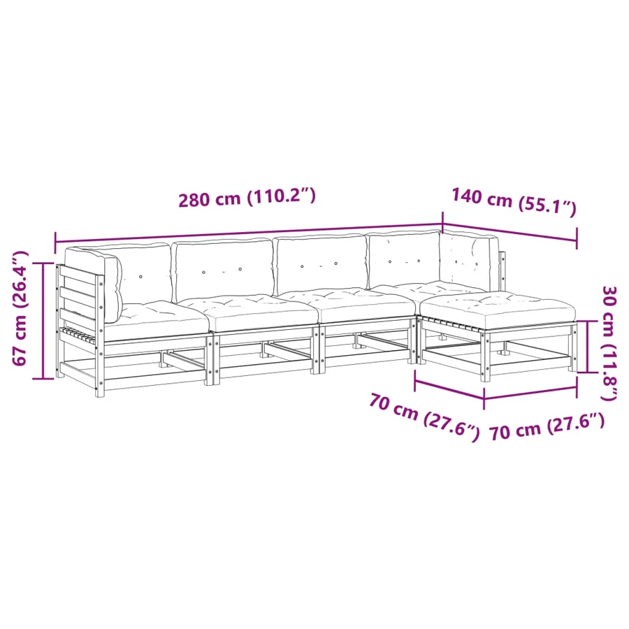 Salon de jardin 5 pcs avec coussins cire marron bois pin massif - 12