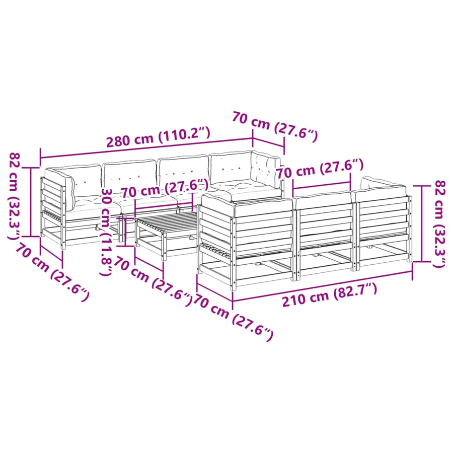 Salon de jardin 8 pcs avec coussins marron cire bois pin massif - 12