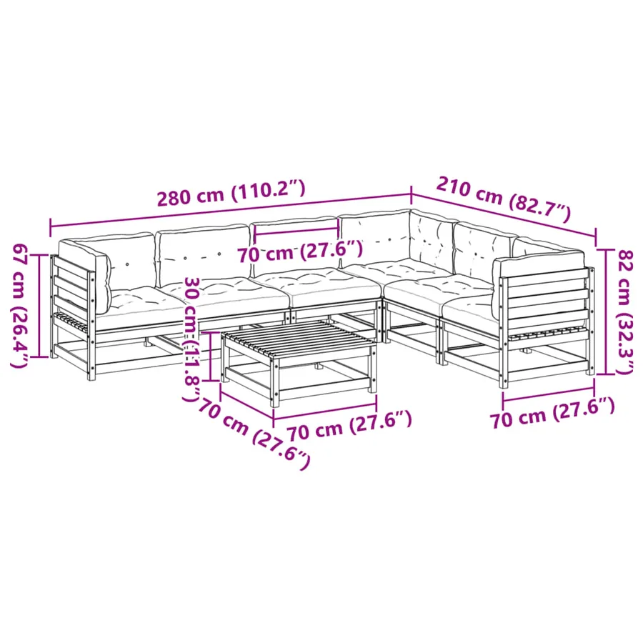 Salon de jardin 7 pcs avec coussins cire marron bois pin massif - 12