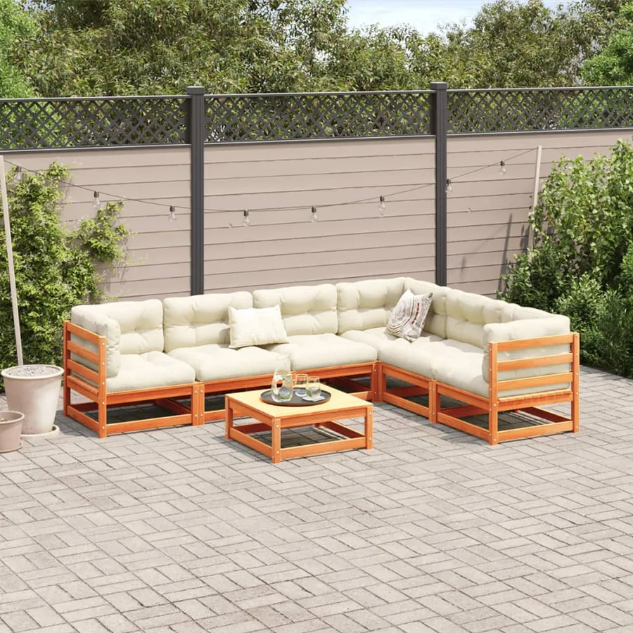 Salon de jardin 7 pcs avec coussins cire marron bois pin massif - 3