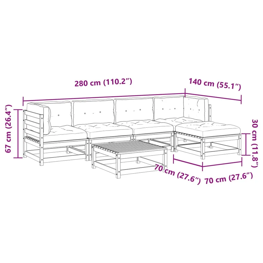 Salon de jardin 6 pcs avec coussins cire marron bois pin massif - 14