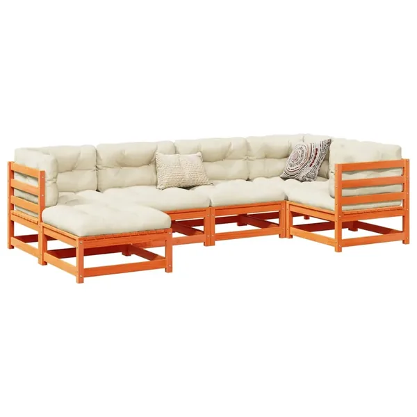 Salon de jardin 6 pcs avec coussins cire marron bois pin massif