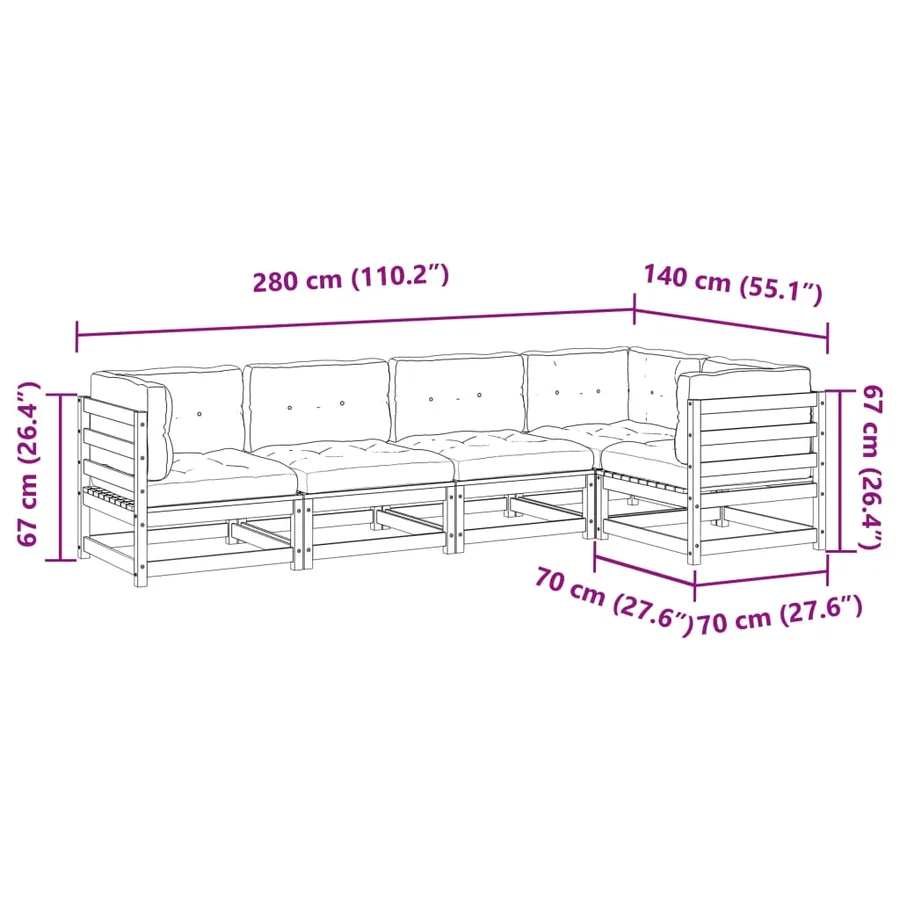 Salon de jardin 5 pcs avec coussins cire marron bois pin massif - 10