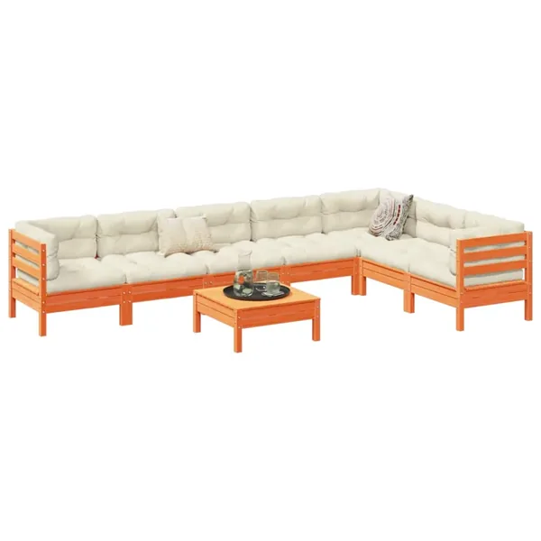 Salon de jardin 8 pcs avec coussins marron cire bois pin massif