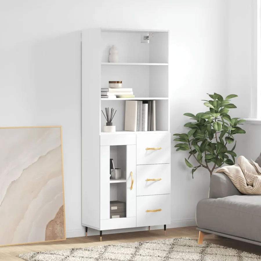 Buffet haut Blanc brillant 69,5x34x180 cm Bois d'ingénierie