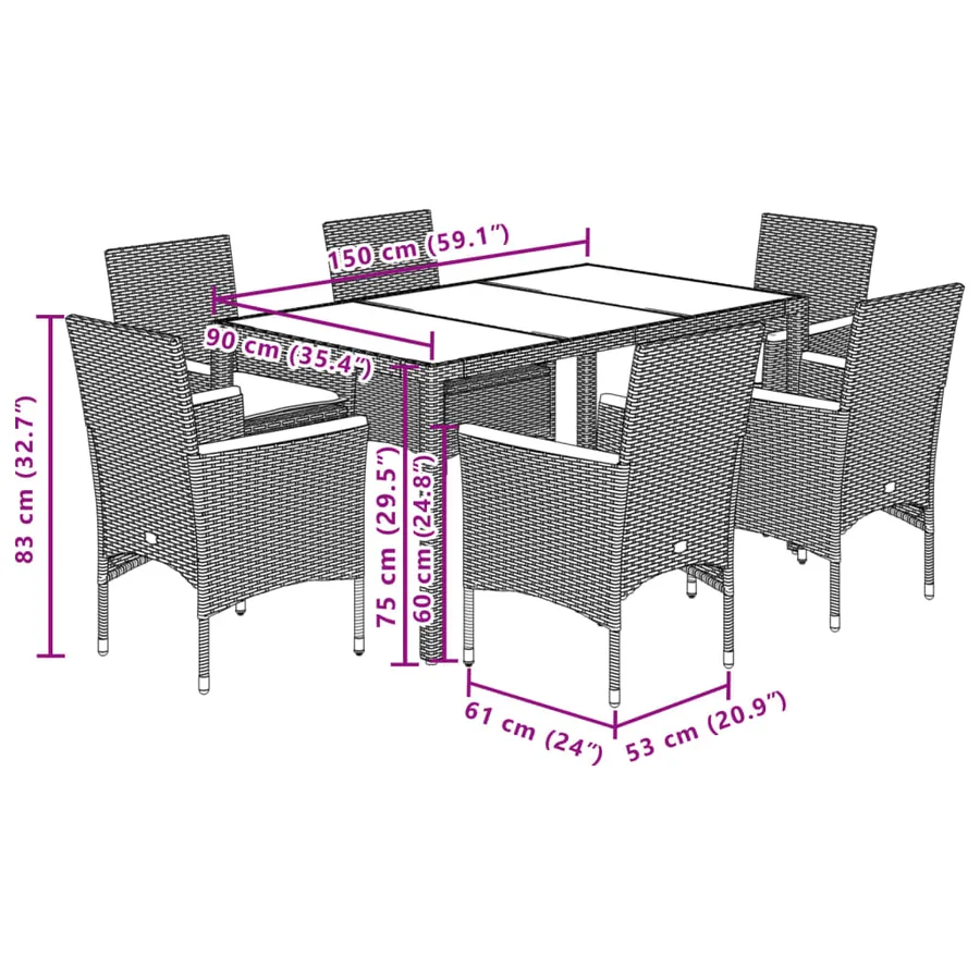 Ensemble à manger de jardin et coussins 7 pcs beige rotin verre - 7