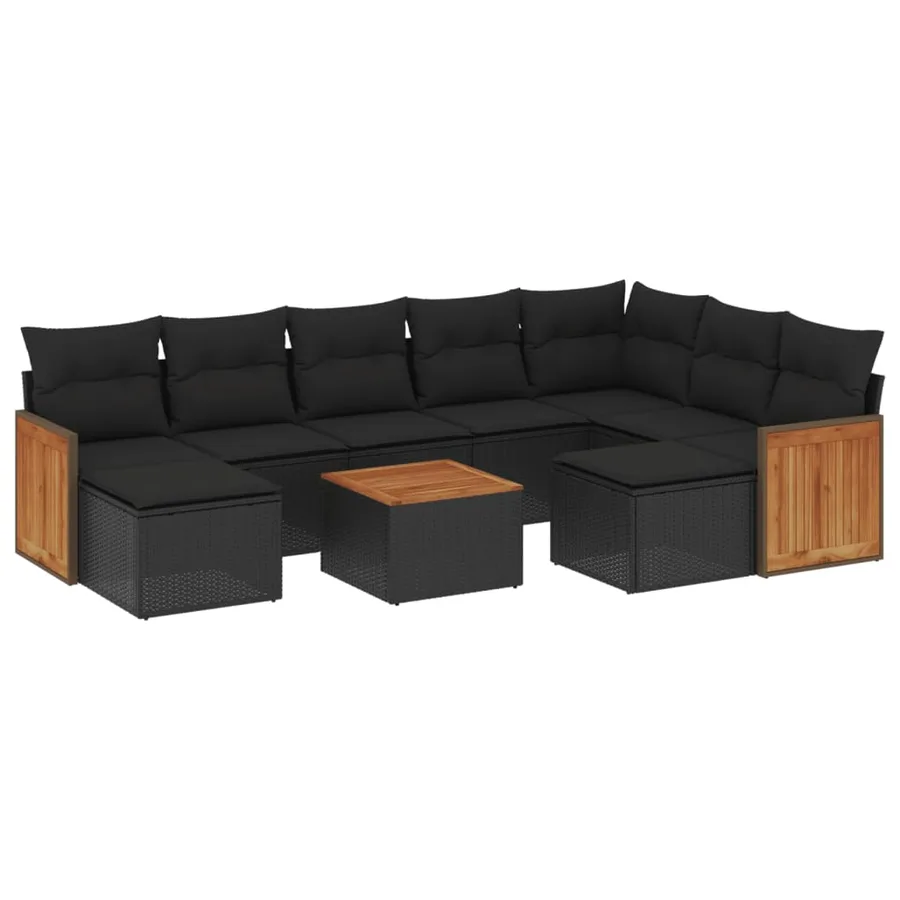 Salon de jardin 10 pcs avec coussins noir résine tressée - 2