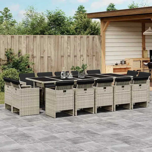 Ensemble à manger de jardin et coussins 15 pcs gris clair rotin