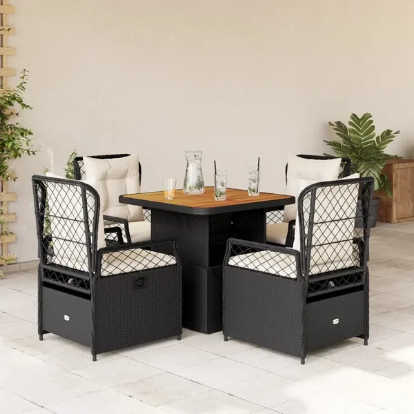 Ensemble à manger de jardin coussins 5pcs Noir Résine tressée