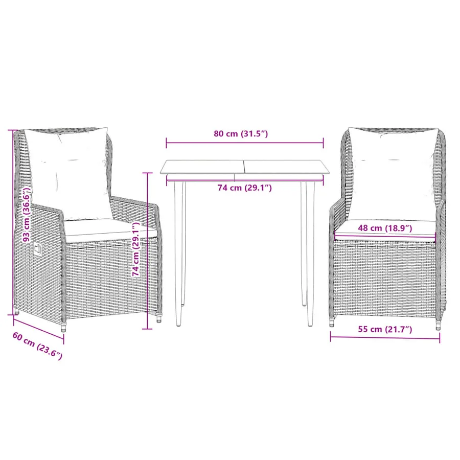 Ensemble à manger de jardin 3pcs coussins gris clair poly rotin - 8
