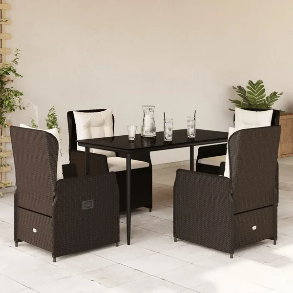 Ensemble à manger de jardin 5 pcs et coussins marron poly rotin